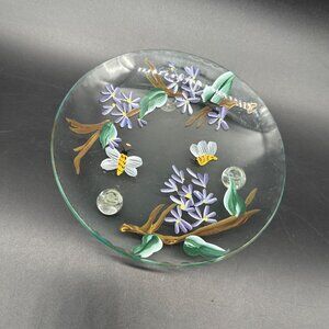Hand Painted Glass Plate Bees Purple Flowers Decorative Floral Botanical Footed